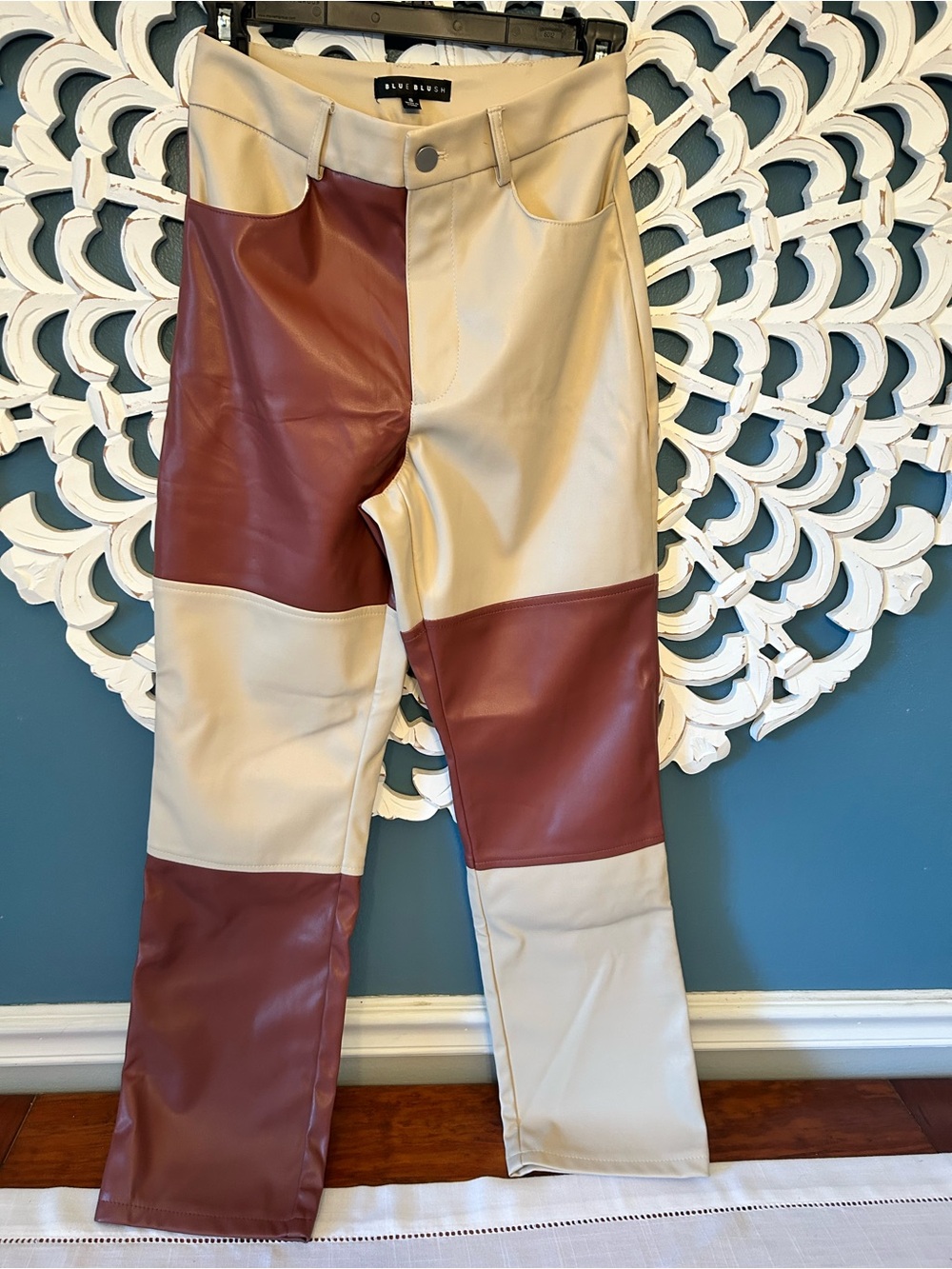 NWT Blue Blush Cream and Brown Two-Tone Patchwork Vegan faux leather  Pants